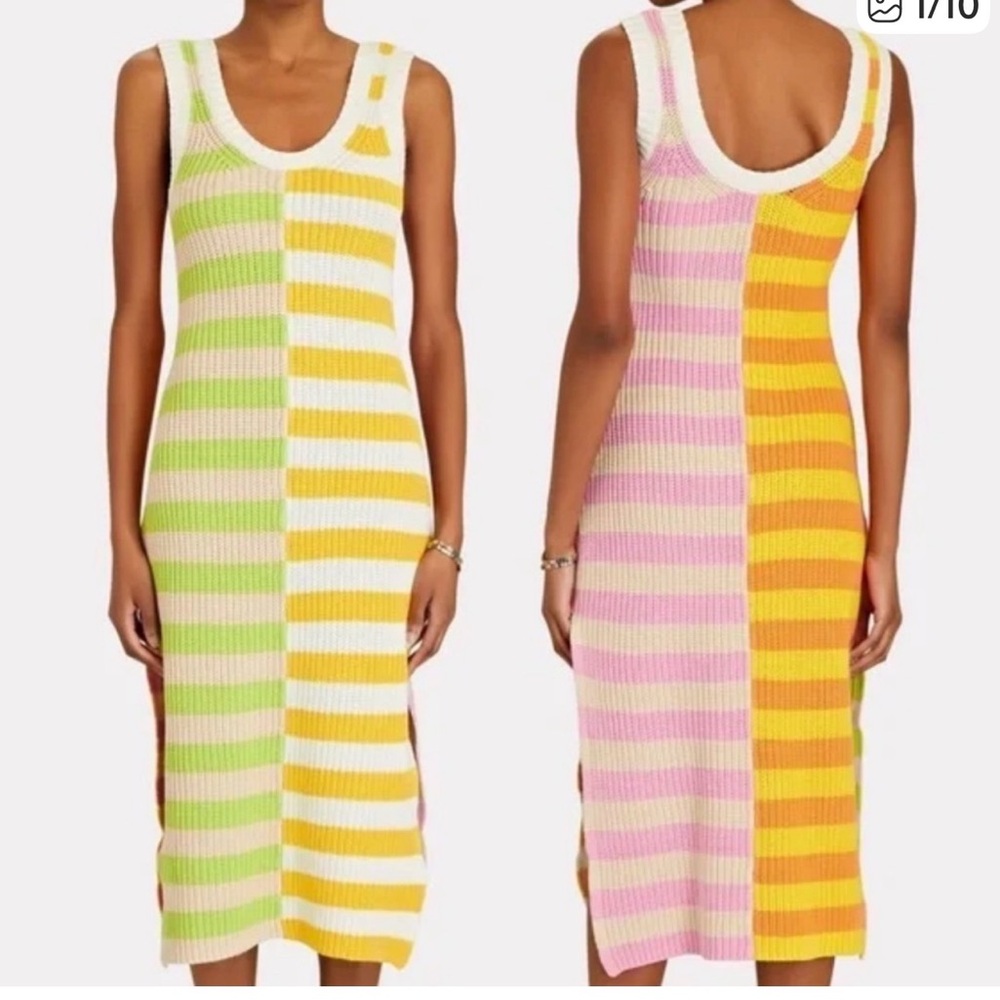 STAUD Striped Rib Knit Midi Dress in Yellow, Pink, Orange & Green